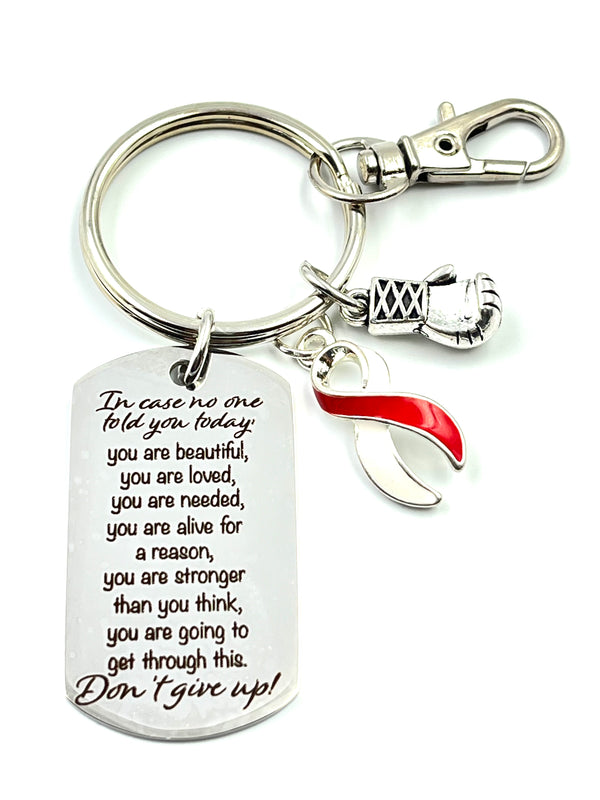 Red & White Ribbon Encouragement Poem Keychain - Don't Give Up!