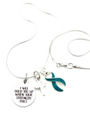 Teal Ribbon Necklace - I Will Hold You Up When Your Strength Fails - Rock Your Cause Jewelry