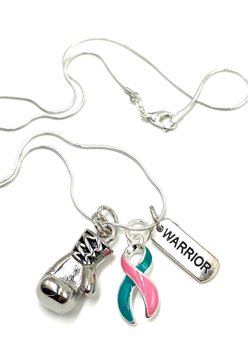 Pink & Teal (Previvor) Ribbon Necklace - Boxing Glove / Warrior