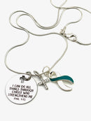 Teal & White Ribbon Charm  - I Can Do All Things Through Christ Who Strengthens Me