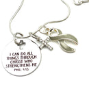 Gray (Grey) Ribbon Necklace - I Can Do All Things Through Christ Who Strengthens Me