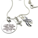 ALS / Blue & White Striped Ribbon Necklace - I Can Do All Things Through Christ Who Strengthens Me - Phil 4:13