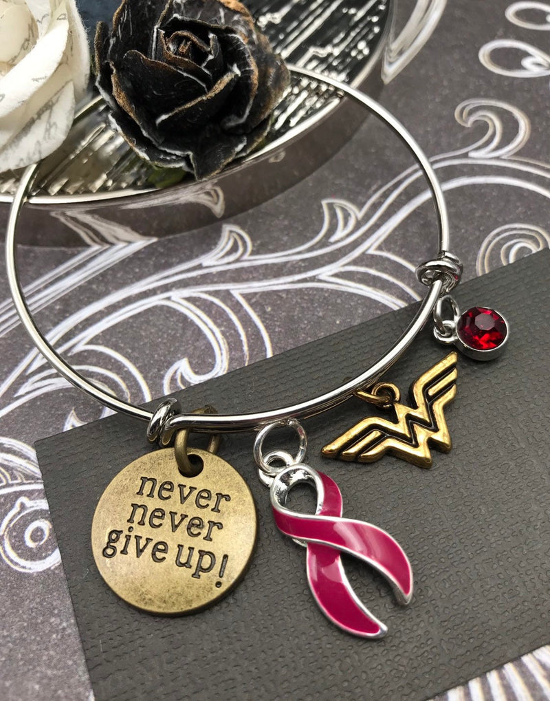 Burgundy Ribbon Hero Charm Bracelet - Never Never Give Up - Rock Your Cause Jewelry