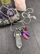 Pink Purple Teal (Thyroid Cancer) Ribbon Necklace - Healing Clear Quartz Crystal Pendant / Reiki - Rock Your Cause Jewelry