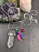 Pink Purple Teal (Thyroid Cancer) Ribbon Necklace - Healing Clear Quartz Crystal Pendant / Reiki - Rock Your Cause Jewelry