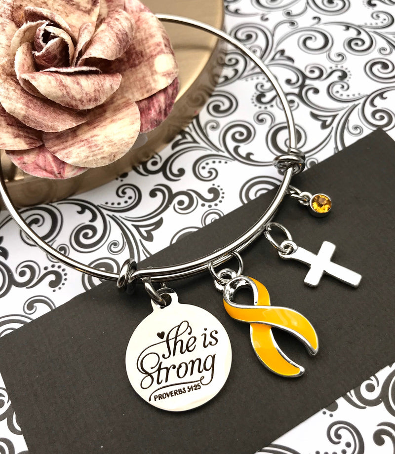 Gold Ribbon Charm Bracelet - She is Strong / Proverbs 34:25 - Rock Your Cause Jewelry