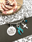 Teal Ribbon She is Strong / Proverbs 34:25 Charm Bracelet - Rock Your Cause Jewelry