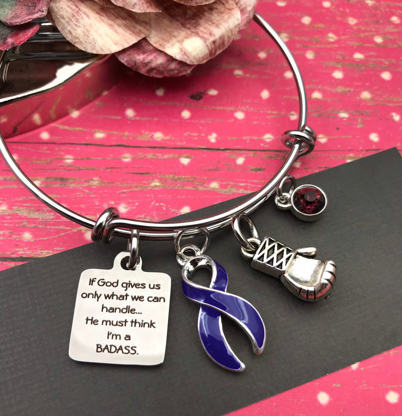 Violet Purple Ribbon Charm Bracelet - If God Gives Us Only What We Can Handle, He Must Think I'm A Badass - Rock Your Cause Jewelry