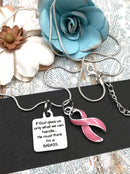 Pink Ribbon Necklace - If God Gives Us Only What We Can Handle ... He Must Think I'm a Badass - Rock Your Cause Jewelry