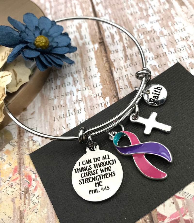 Pink Purple Teal (Thyroid) Ribbon Bracelet - I Can Do All Things Through Christ, Phil 4 13 - Rock Your Cause Jewelry