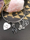 Black Ribbon Just Breathe Charm Bracelet - Mediatation Lotus - Rock Your Cause Jewelry