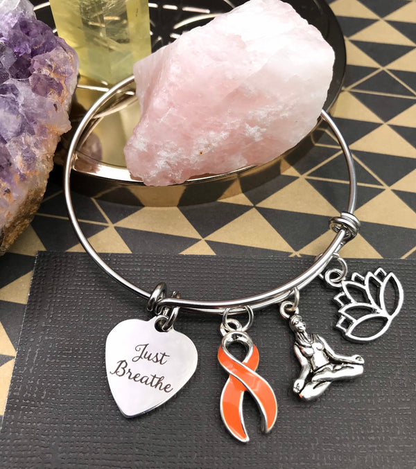 Orange Ribbon Charm Bracelet - Just Breathe / Meditation, Yogi, Lotus - Rock Your Cause Jewelry