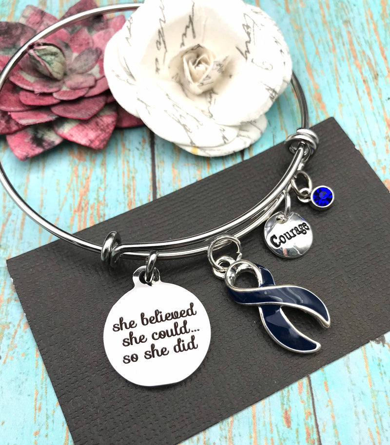 Dark Navy Blue Ribbon - She Believed She Could, So She Did - Rock Your Cause Jewelry