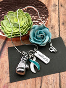 Teal & White Ribbon Boxing Glove Necklace - Rock Your Cause Jewelry