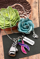 Pink Purple Teal (Thyroid) Ribbon Necklace - Boxing Glove / Warrior Pendant - Rock Your Cause Jewelry