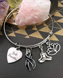 Black Ribbon Just Breathe Charm Bracelet - Mediatation Lotus - Rock Your Cause Jewelry