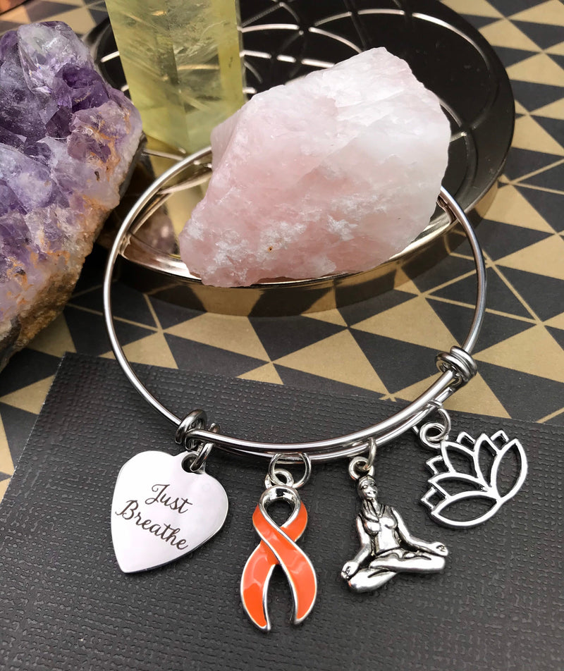 Orange Ribbon Charm Bracelet - Just Breathe / Meditation, Yogi, Lotus - Rock Your Cause Jewelry