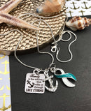 Teal & White Ribbon Necklace - Family is the Anchor That Holds Us Through Life's Storms - Rock Your Cause Jewelry