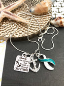 Teal & White Ribbon Necklace - Family is the Anchor That Holds Us Through Life's Storms - Rock Your Cause Jewelry