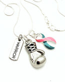 Pink and teal previvor ribbon necklace featuring a boxing glove and warrior design by Rock Your Cause Jewelry.