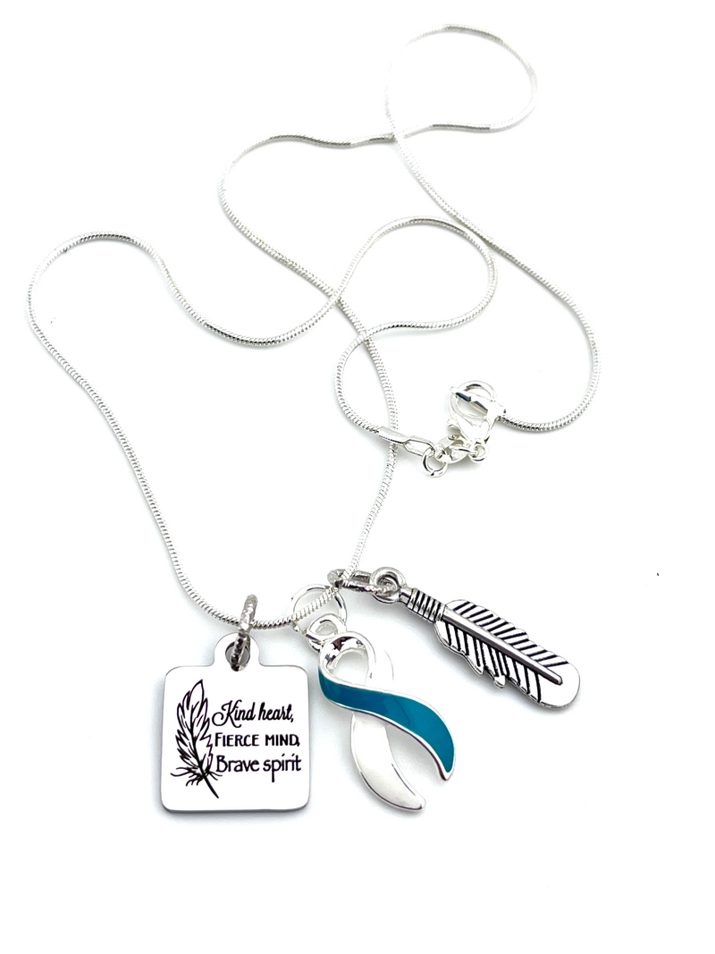 Teal & White Ribbon Necklace - Kind Heart, Fierce Mind, Brave Spirit / Feather Necklace