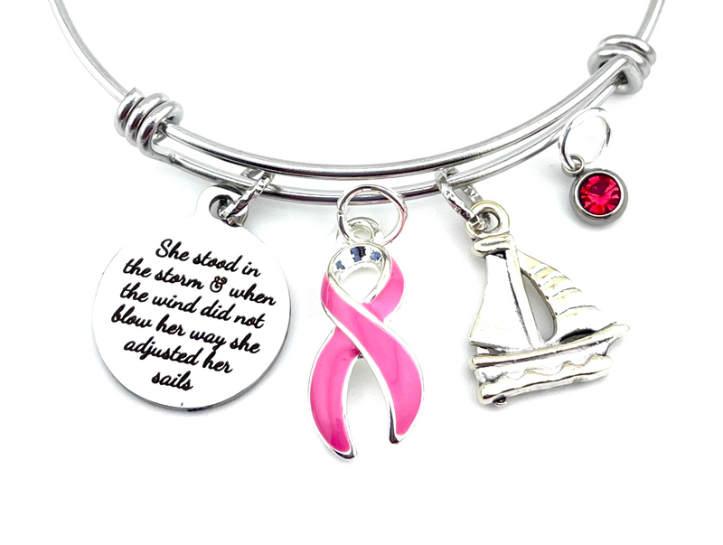 Pink Ribbon Charm Bracelet - She Stood in the Storm / Adjusted Her Sails