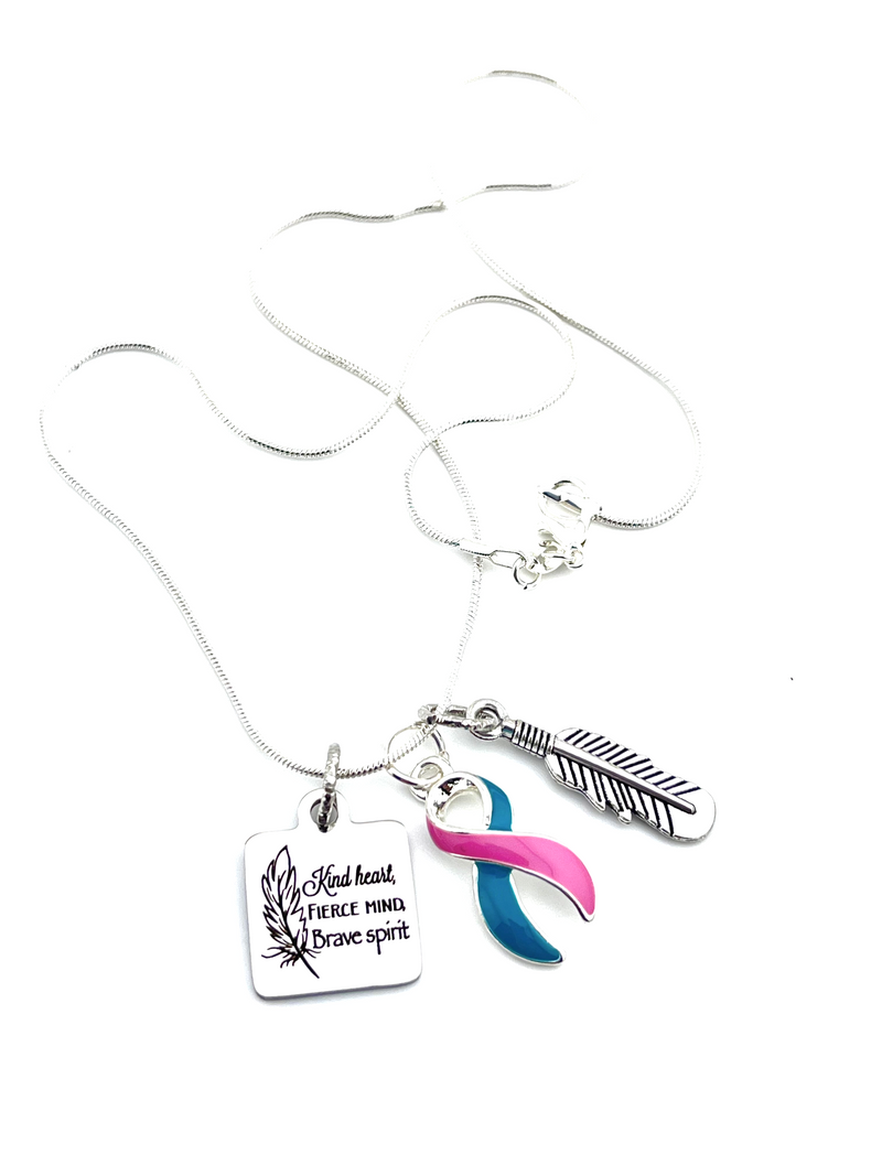 Pink & Teal (Previvor) Ribbon Necklace - Kind Heart, Fierce Mind, Brave Spirit