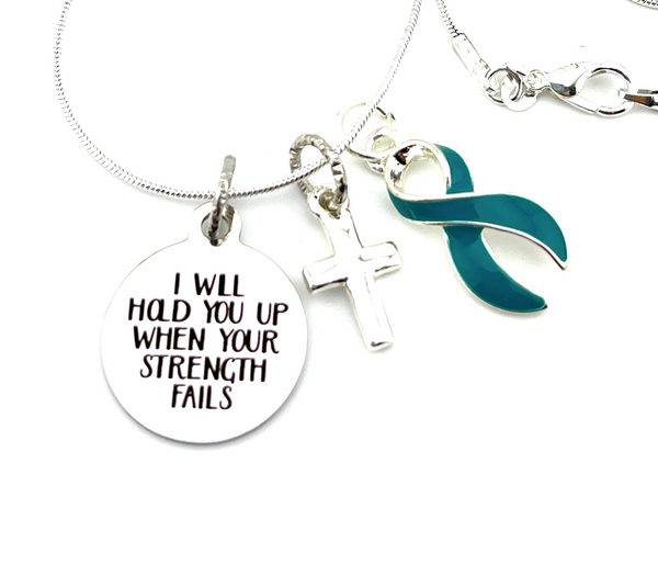 Teal Ribbon Necklace - I Will Hold You Up When Your Strength Fails