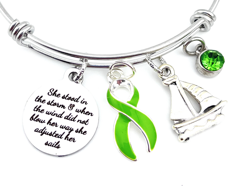 Lime Green Ribbon Charm Bracelet - She Stood in the Storm / Adjusted Her Sails