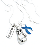 Dark navy blue ribbon boxing glove necklace by Rock Your Cause Jewelry featuring a detailed boxing glove pendant.