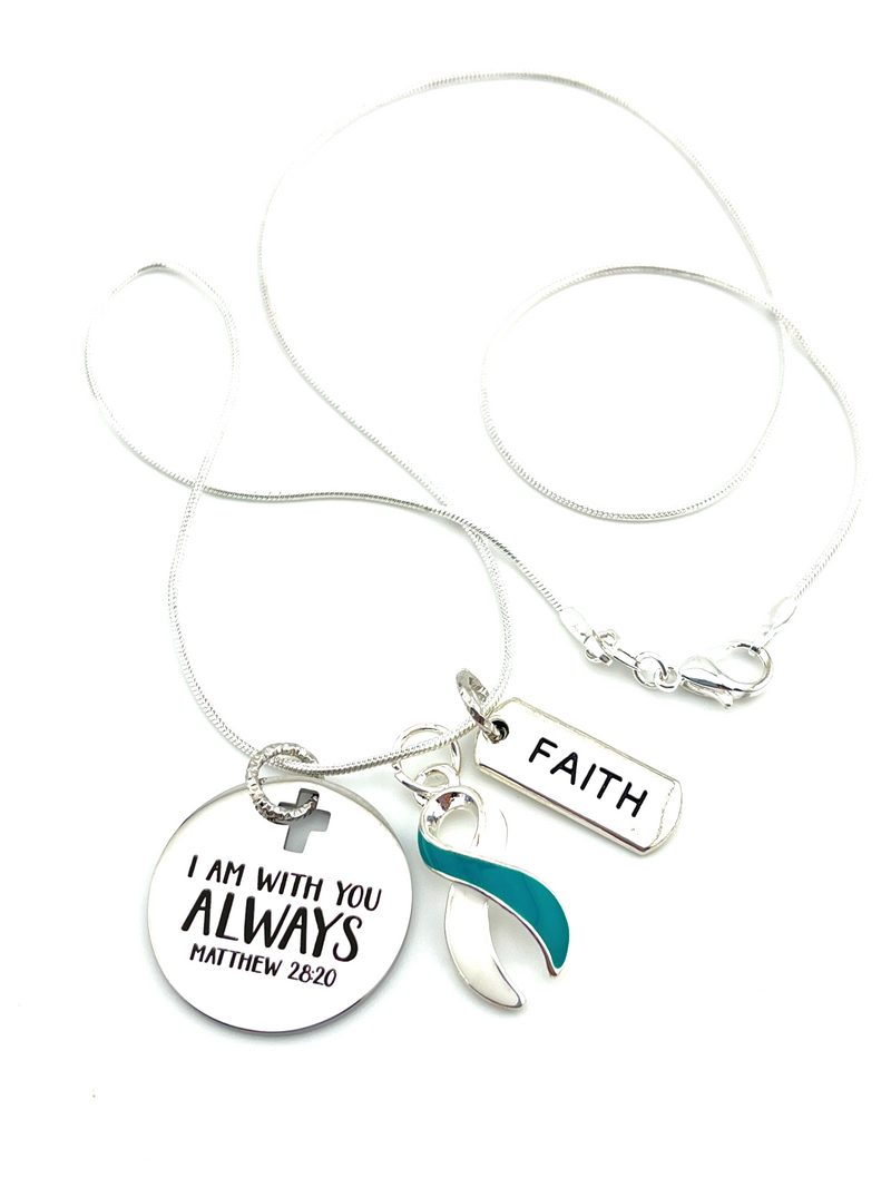 Teal & White Ribbon Necklace - I Am With You Always / Matthew 28:20