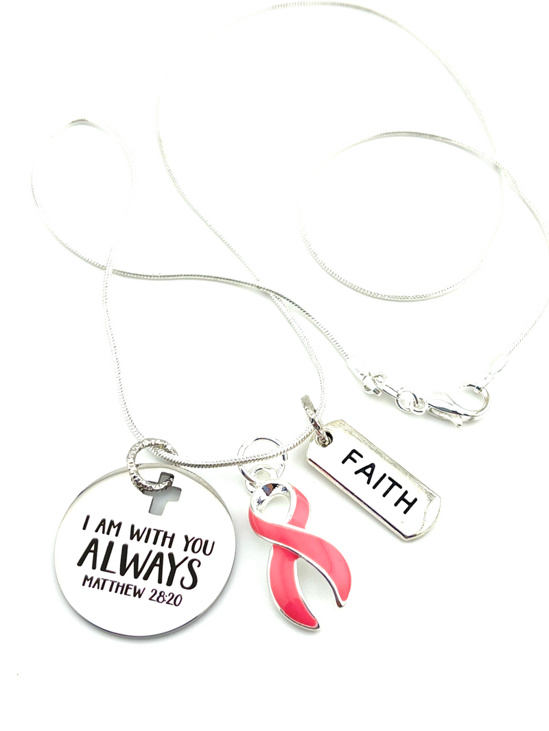 Pink Ribbon Necklace / I Am With You Always - Matthew 28:20