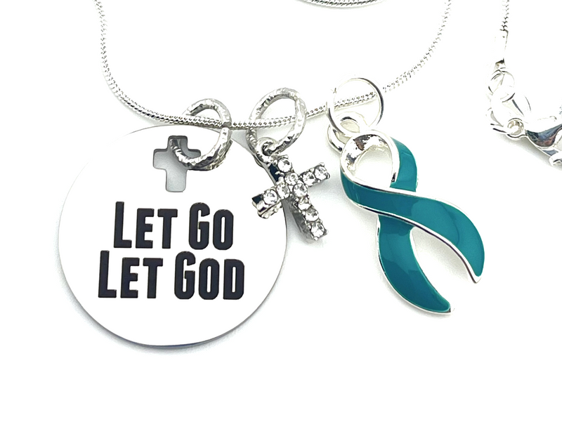 Teal Ribbon Necklace - Let Go Let God / Encouragement Gift