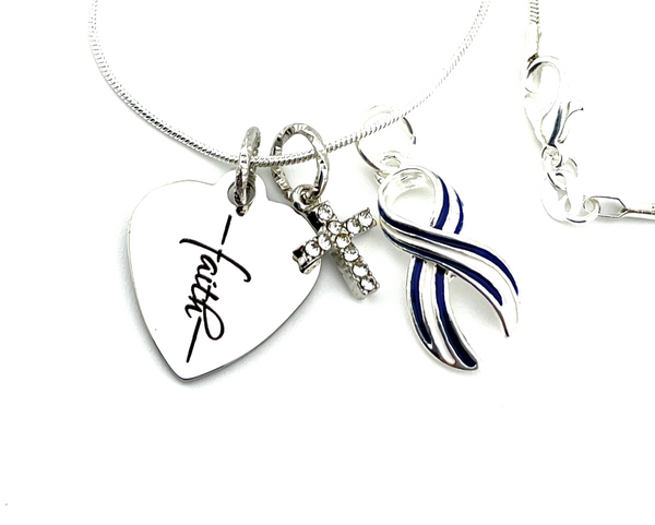 ALS / Blue & White Striped Ribbon Faith Necklace