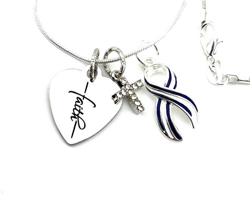 ALS / Blue & White Striped Ribbon Faith Necklace