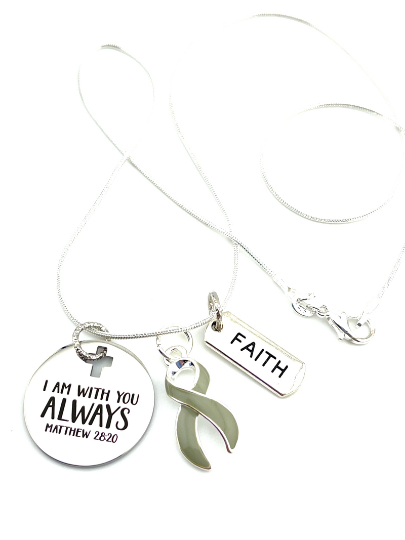 Gray (Grey) Ribbon Necklace - I Am With You Always / Matthew 28:20