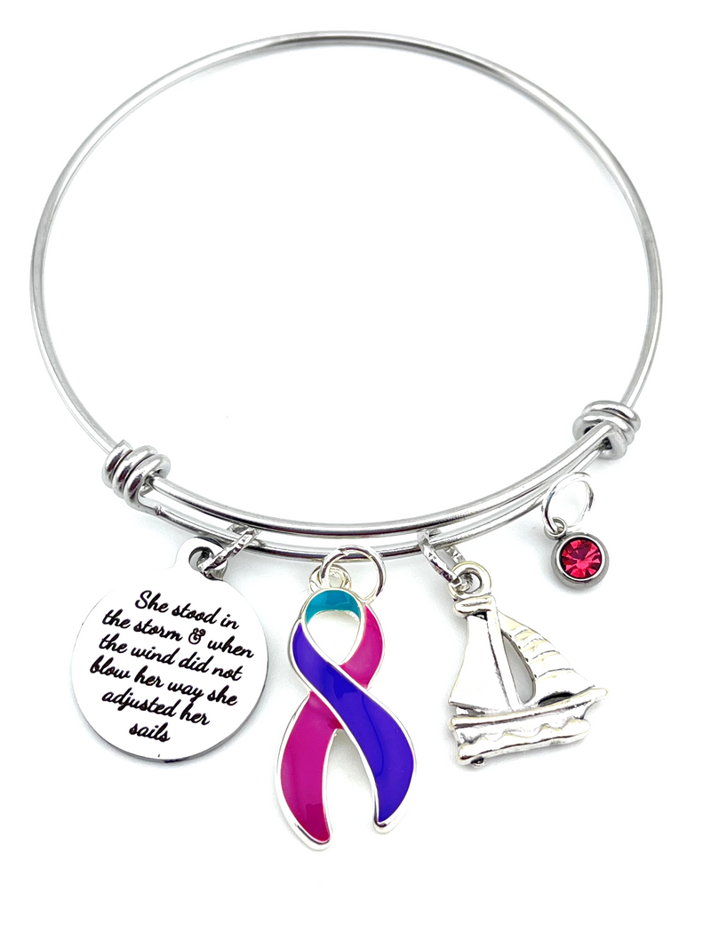 Pink Purple Teal (Thyroid Cancer) Ribbon Bracelet - She Stood In the Storm / She Adjusted Her Sails