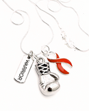 Red Ribbon Boxing Glove necklace by Rock Your Cause Jewelry, featuring a detailed red boxing glove pendant on a chain.