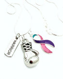 Pink, purple, teal thyroid ribbon necklace with boxing glove and warrior pendant by Rock Your Cause Jewelry, highlighting awareness accessories.