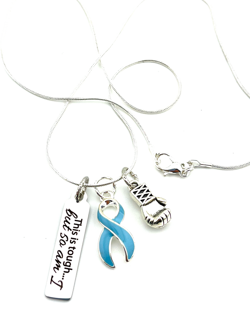 Light Blue Ribbon Necklace - This is Tough... but so Am I / Boxing Glove Necklace