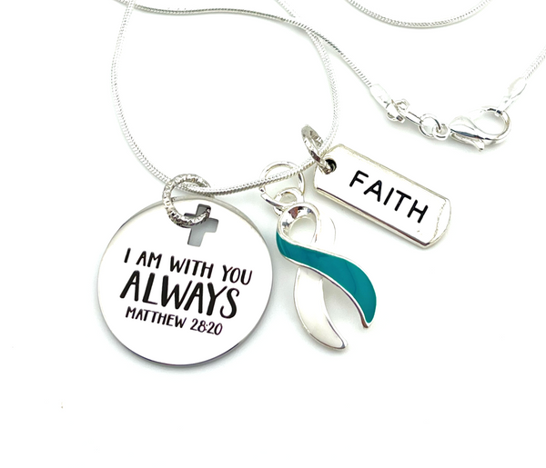 Teal & White Ribbon Necklace - I Am With You Always / Matthew 28:20