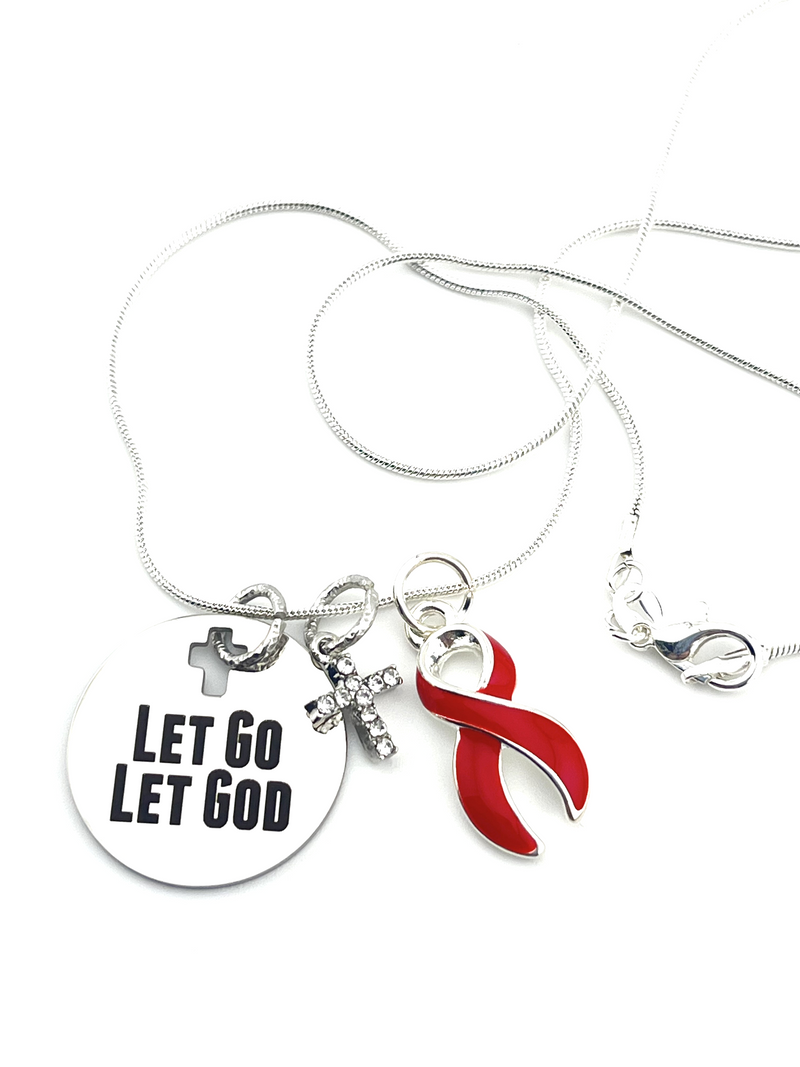 Red Ribbon Charm Necklace - Let Go, Let God