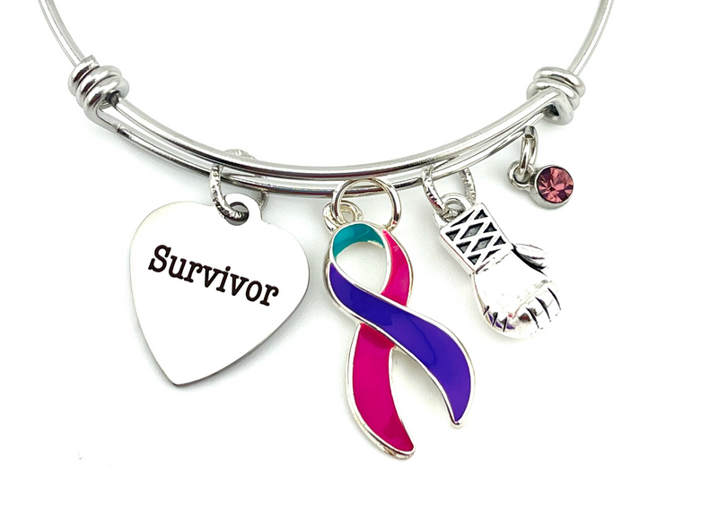 Pink Purple Teal Ribbon - Thyroid Cancer Survivor Charm Bracelet