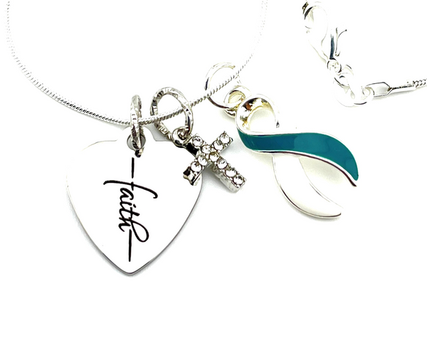 Teal & White Ribbon Faith Necklace - Cervical Cancer Awareness