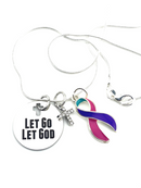 Pink Purple Teal (Thyroid) Cancer Ribbon - Let Go, Let God Necklace