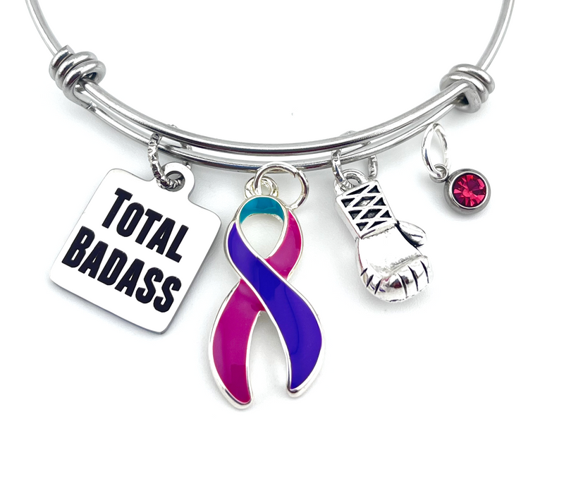 Pink Purple Teal (Thyroid Cancer) Ribbon - Total Badass - Boxing Glove Charm Bracelet