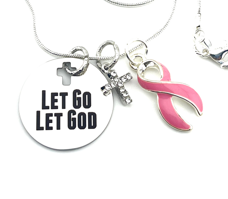 Pink Ribbon Necklace - Let Go Let God / Encouragement Gift