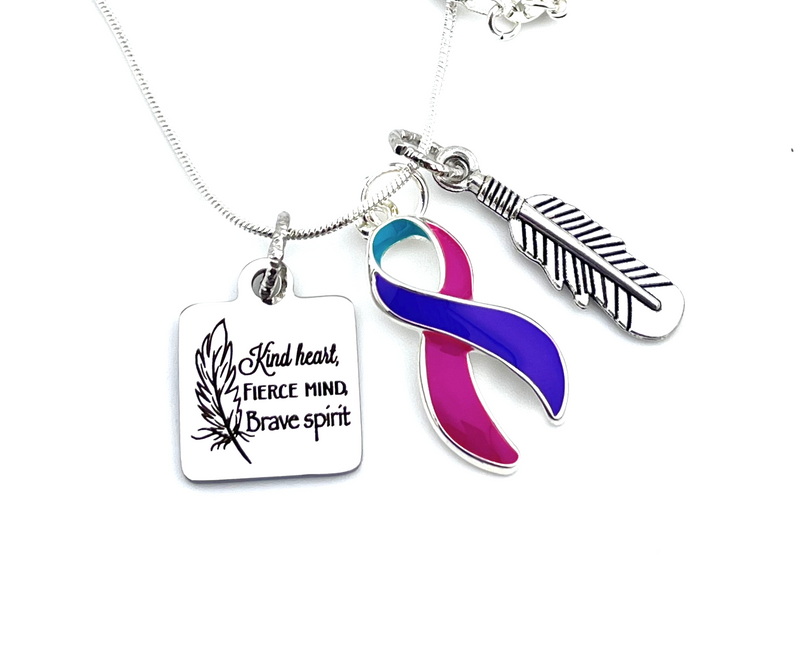 Pink Purple Teal (Thyroid Cancer) Ribbon - Kind Heart, Fierce Mind, Brave Spirit Necklace