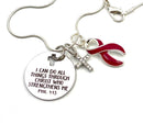 Philippians 4:13 Encouragement Necklace, I Can Do All Things Through Christ Charm, Burgundy Awareness Ribbon, Crystal Cross Gift