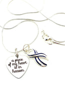 A Piece of My Heart Is in Heaven Memorial Necklace – ALS Awareness Jewelry with Blue & White Ribbon Charm, 20" Sterling Silver Snake Chain, Sympathy Gift for Loss